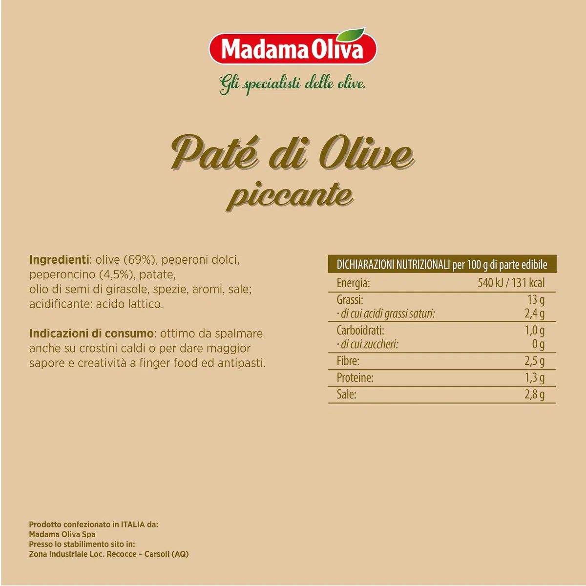 MADAMA OLIVA, Paté di Olive Piccante, Ideale da Utilizzare per Accompagnare Aperitivi, Ortaggi Freschi e Farcire Bruschette, 100% Made in Italy, 10 Buste Squeeze 110 gr