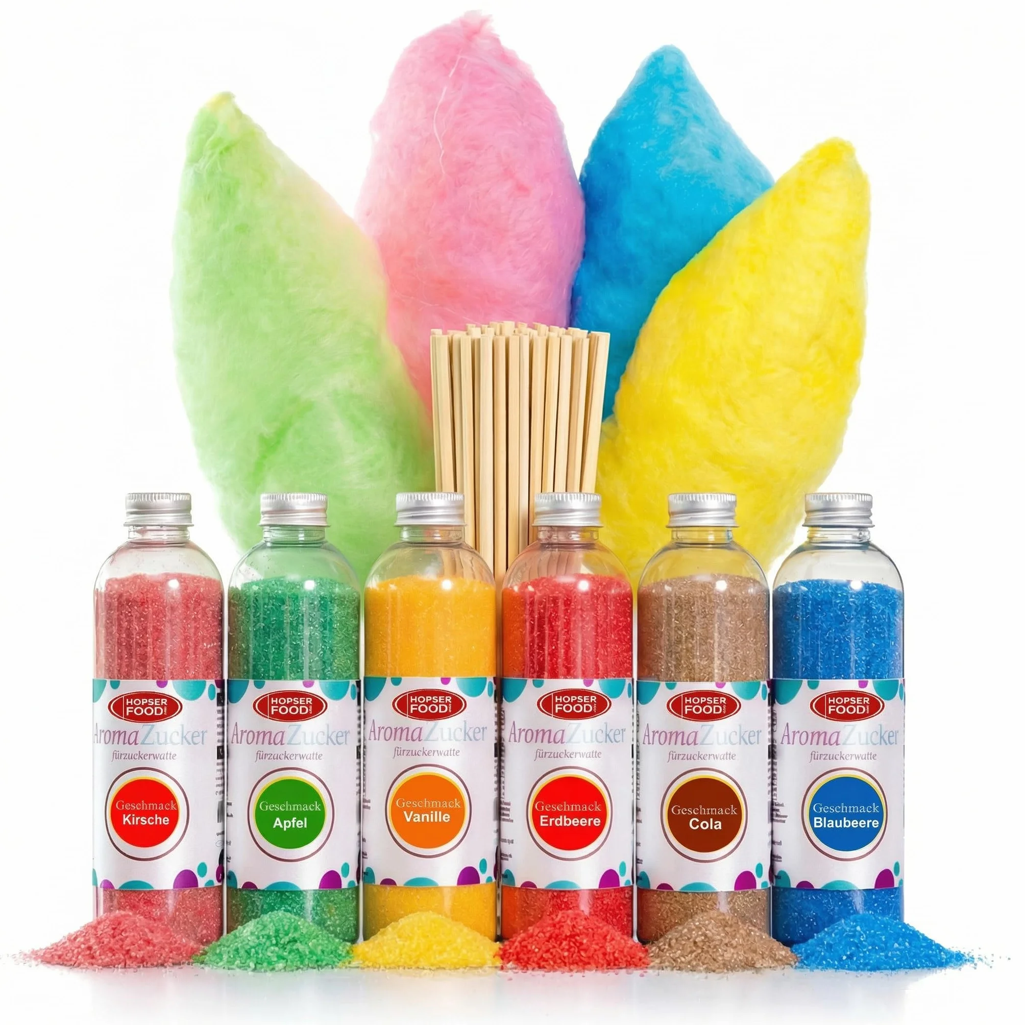 Set per feste, 6 x 230 grammi di zucchero per macchina per zucchero filato, con 100 bastoncini inclusi