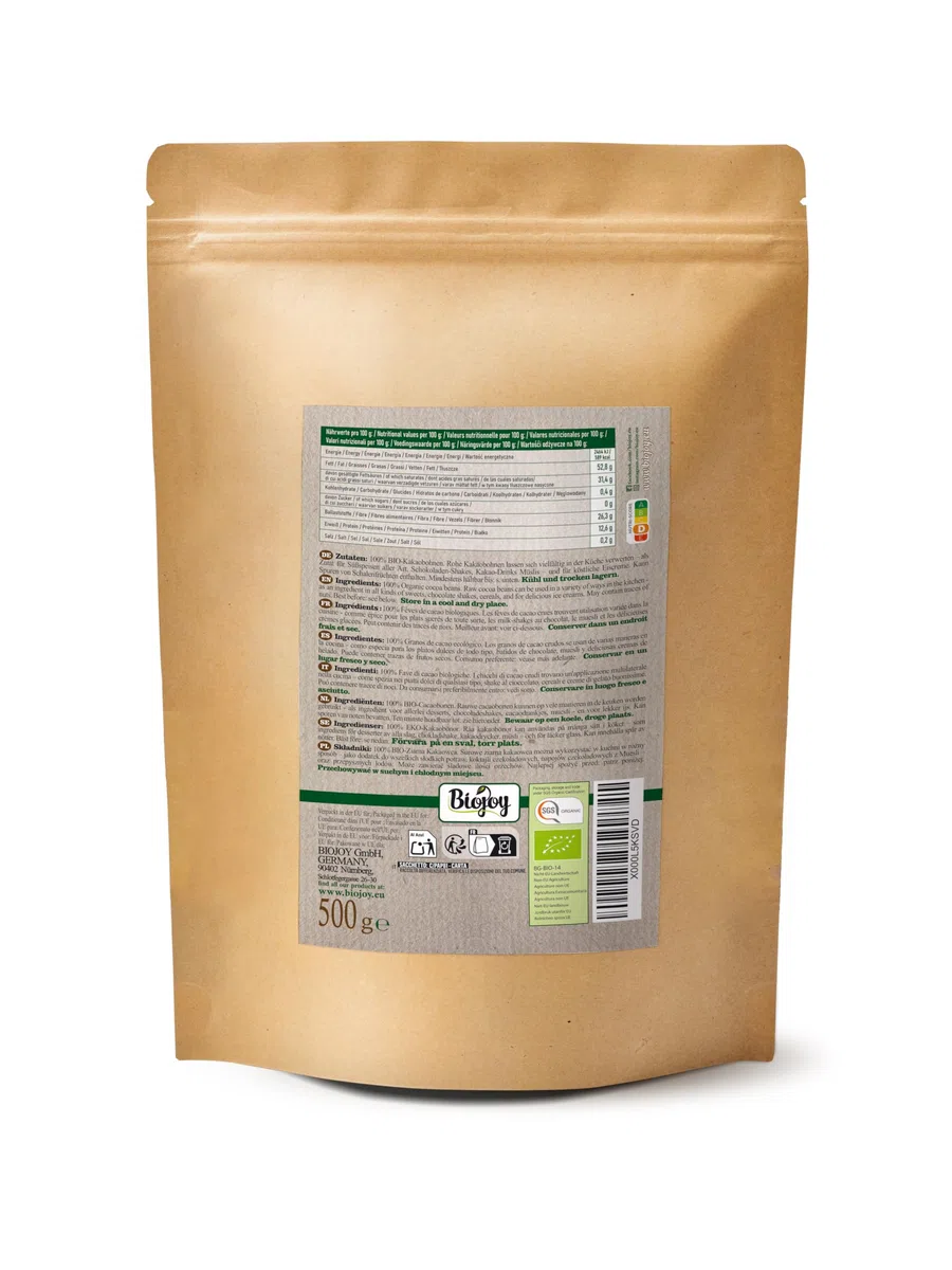 Biojoy Fave di Cacao Biologiche (500 g), crude e intere, senza zuccheri aggiunti (Theobroma cacao)