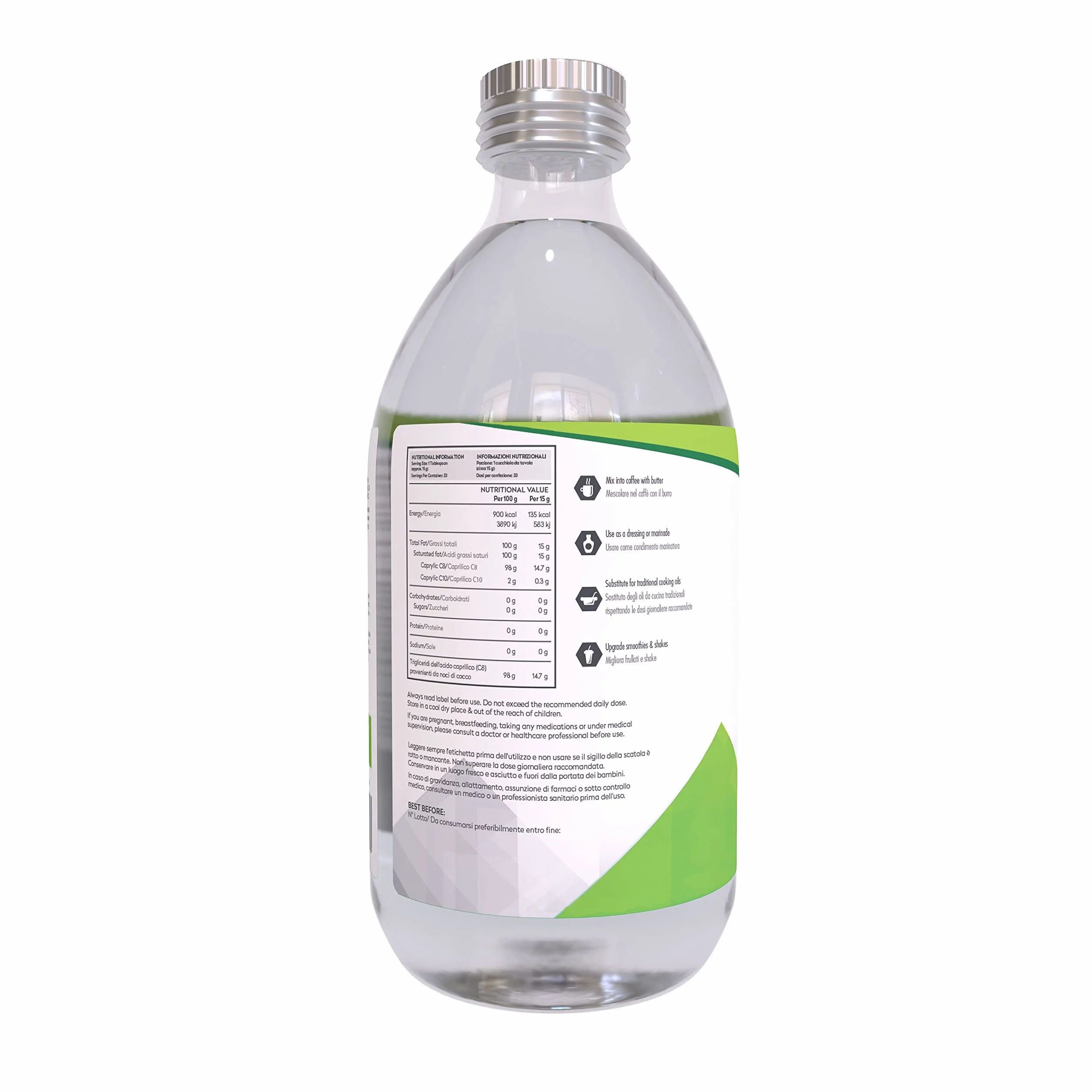 Premium Organic 100% Cocco Olio MCT | Acido Caprilico C8 | Non-GMO | Paleo | Paleo | Dieta Keto | Vegan | Senza glutine | Bottiglia di vetro | Aggiungi a "Caffè antiproiettile". (500ml Biológico C8)