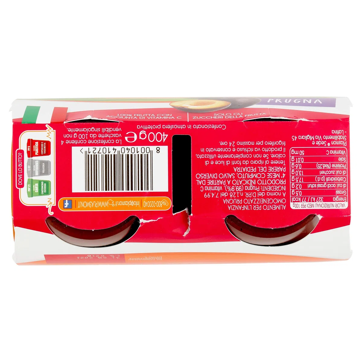 Plasmon Omogeneizzato La Frutta dei Bambini Prugna 4x100gr (6 Confezioni) con Frutta selezionata, 100% Frutta, con aggiunta di Vitamina C