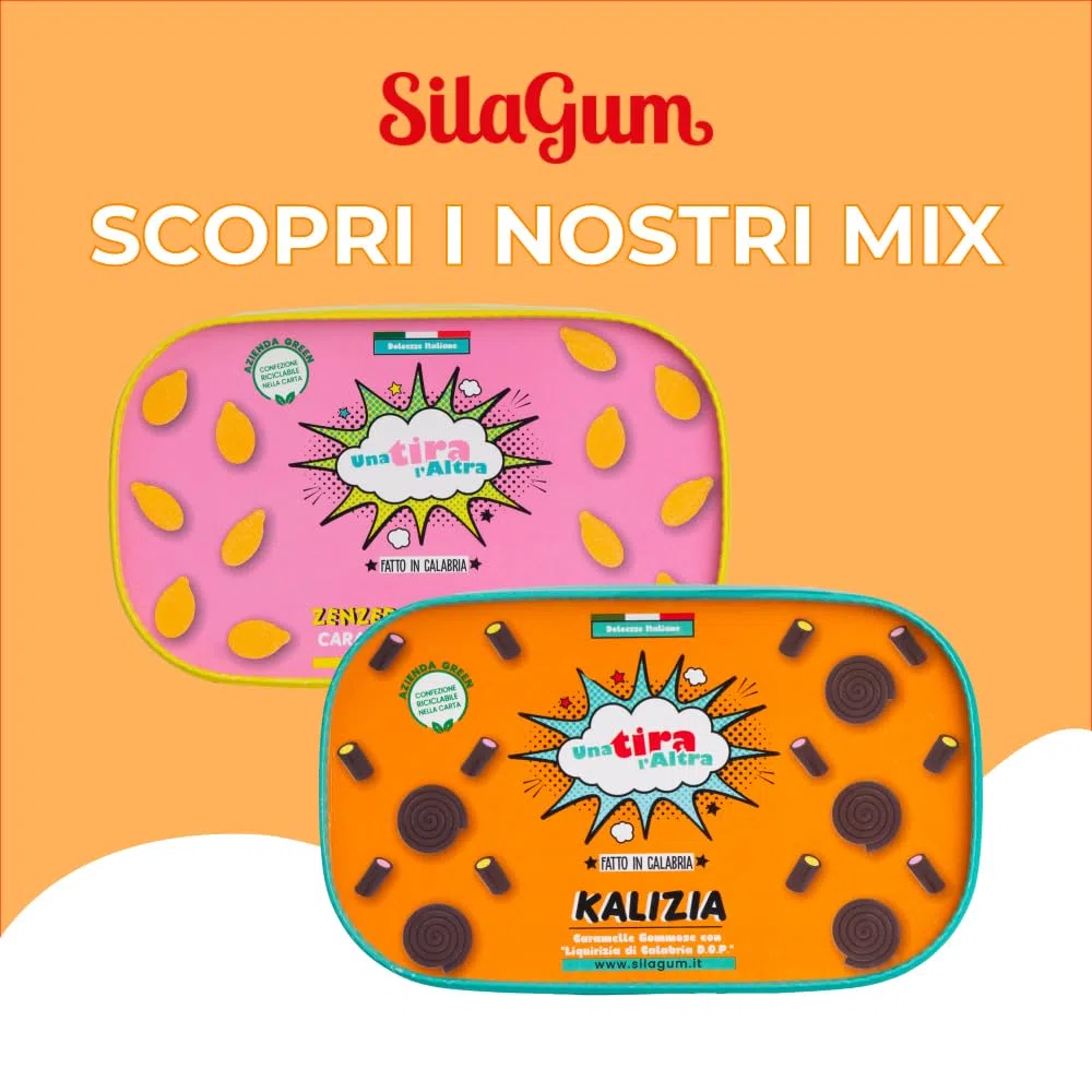 Silagum mix caramelle alla liquirizia, 6 confezioni da 200/450 grammi, Spirelle e tronchetti ripieni al cocco e fragola, Ingredienti naturali, Made in Italy