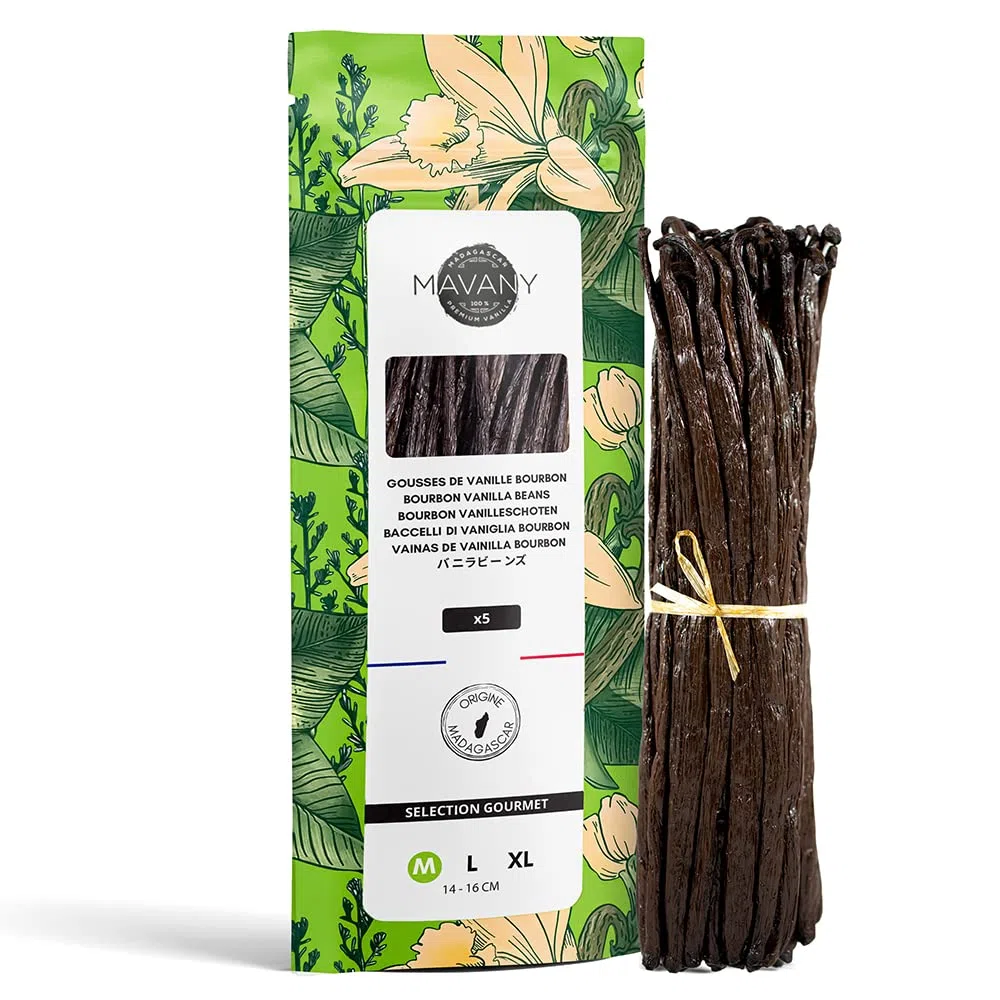 Mavany - 5 baccelli di vaniglia BOURBON de Madagascar – Selezione di qualità gourmet per pasticceria/cucina – M 14 – 16 cm – Sacchetto di freschezza richiudibile