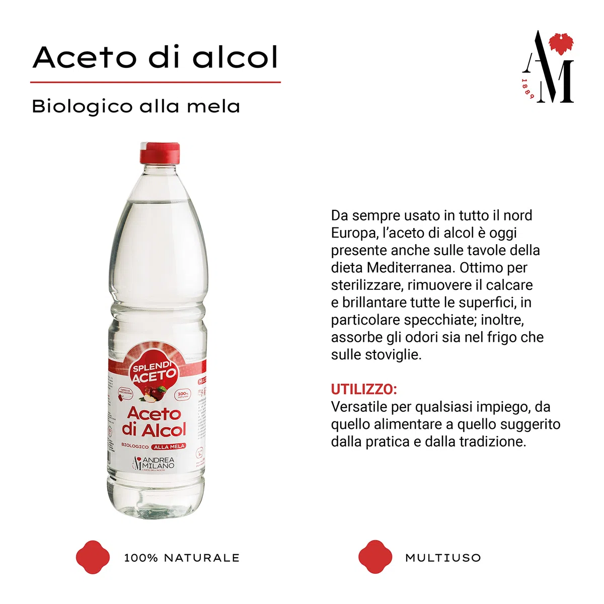 Andrea Milano, Splendi Aceto, Aceto di Alcool 100% Naturale Aromatizzato alla Mela, Acidità 8%, per Qualsiasi Impiego, Multiuso, Ideale per la Pulizia della la Casa, 12 Bottiglie PET da 1 L