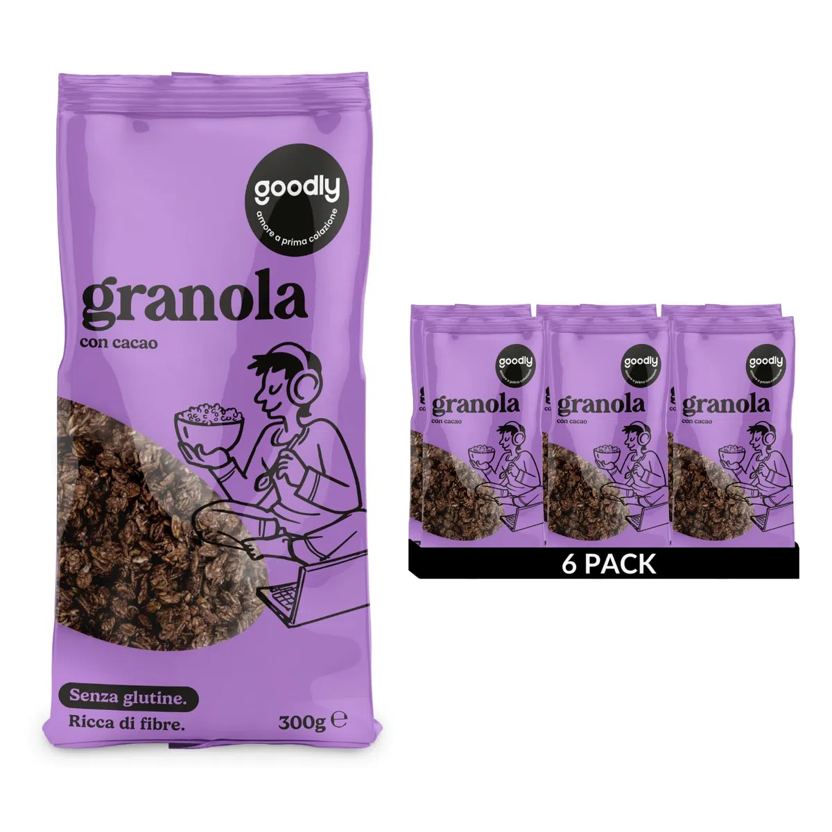 Goodly, Granola con Cacao, Senza Glutine e Zuccheri Aggiunti, Ricca di Fibre, 6x300 g