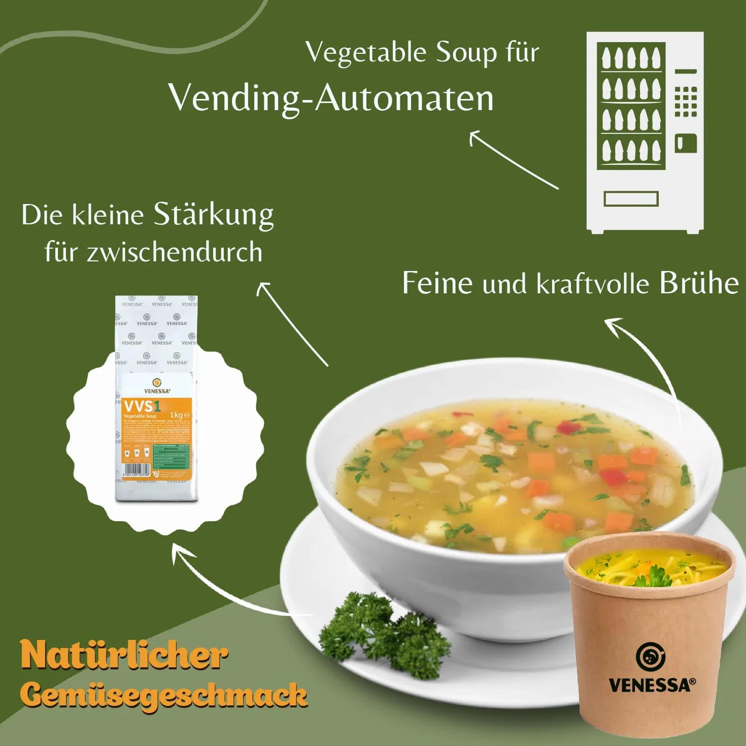 VENESSA VVS1 - Brodo vegetale fine, 2 x 1 kg, in polvere per zuppa, vegetabile, zuppa per macchina vegetariana, zuppa di verdure senza grumi, preparazione rapida, adatta per macchine automatiche