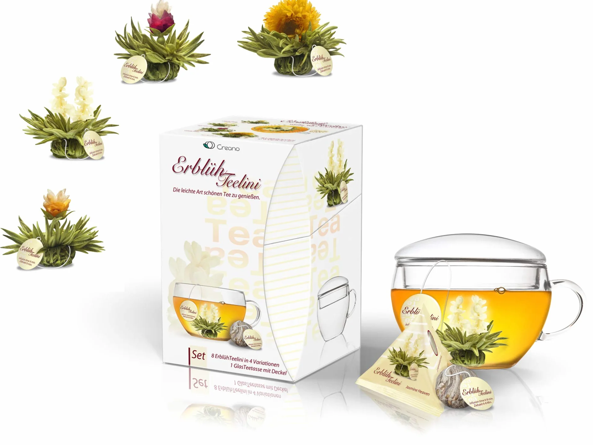 Creano Set Regalo Fiori di Tè Bianco "Tèlini" – 8 Tè Fiorito con Tazza da 200ml – Ideale per Bere in Tazza, Esperienza Gourmet, Perfetto Regalo