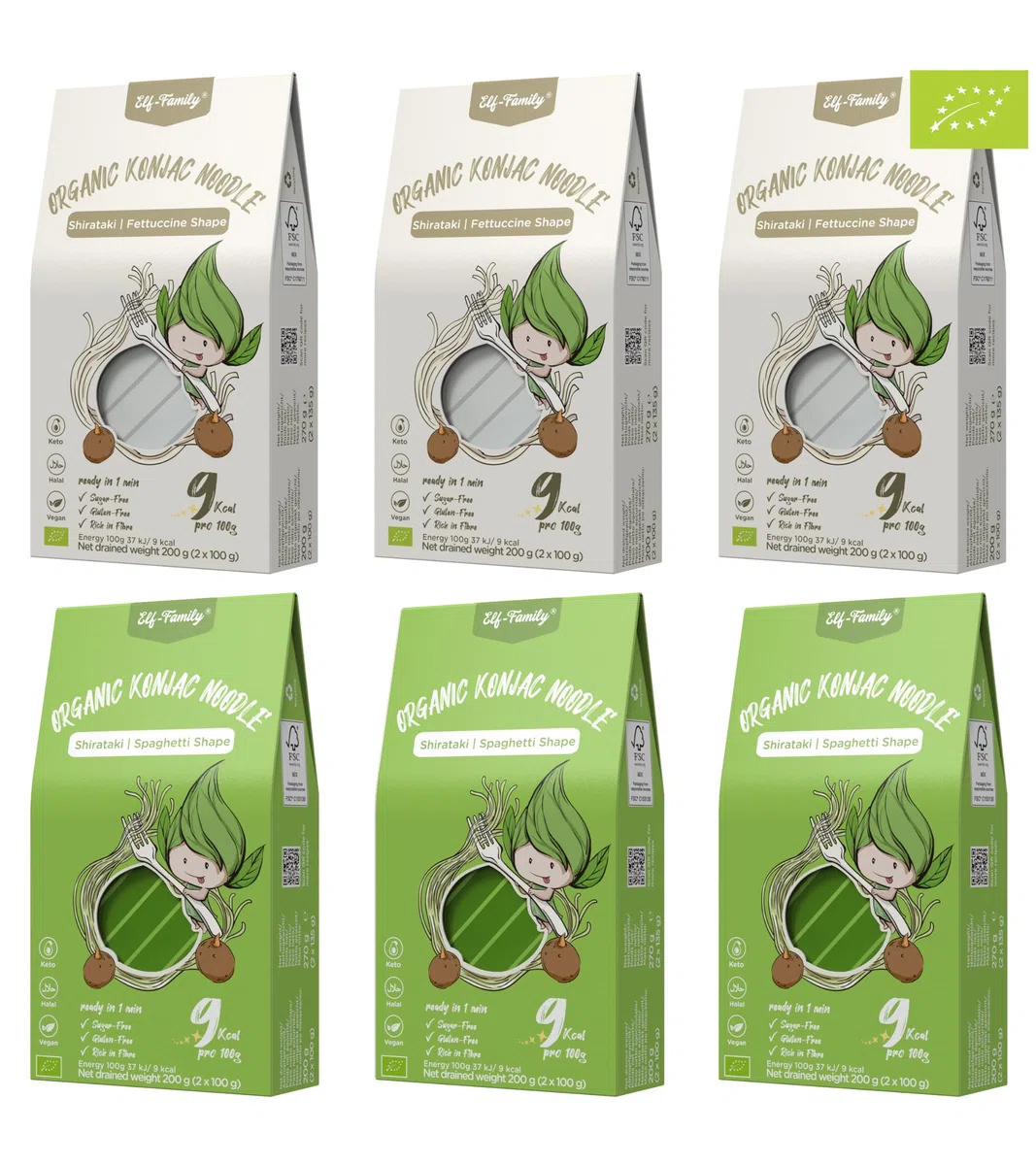 Elf-family Bio Pasta Konjak Carboidrati Ultra Bassi - Vegano Senza Glutine- 270g x6 Scatole(per 12 Porzioni), Noodles Shirataki Noodles Ipocalorica/Senza Zucchero - Spaghetti&Fettuccine