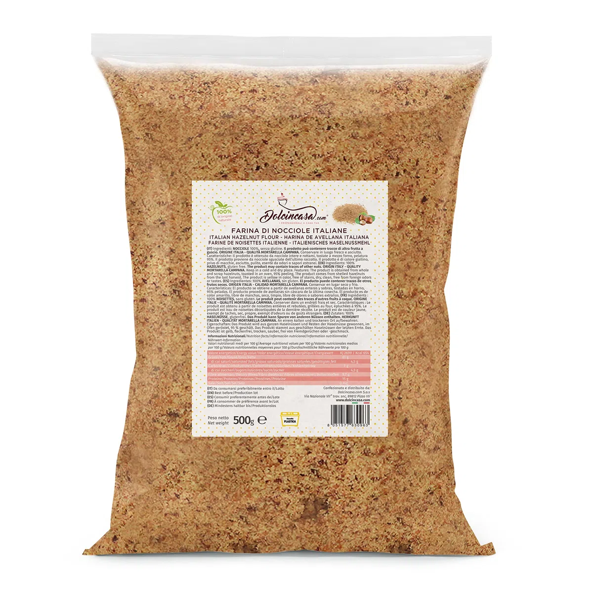 Dolcincasa-Farina Di Nocciole Tostate Campane Mortarella per ricette dolci, salate e panificazione 500g