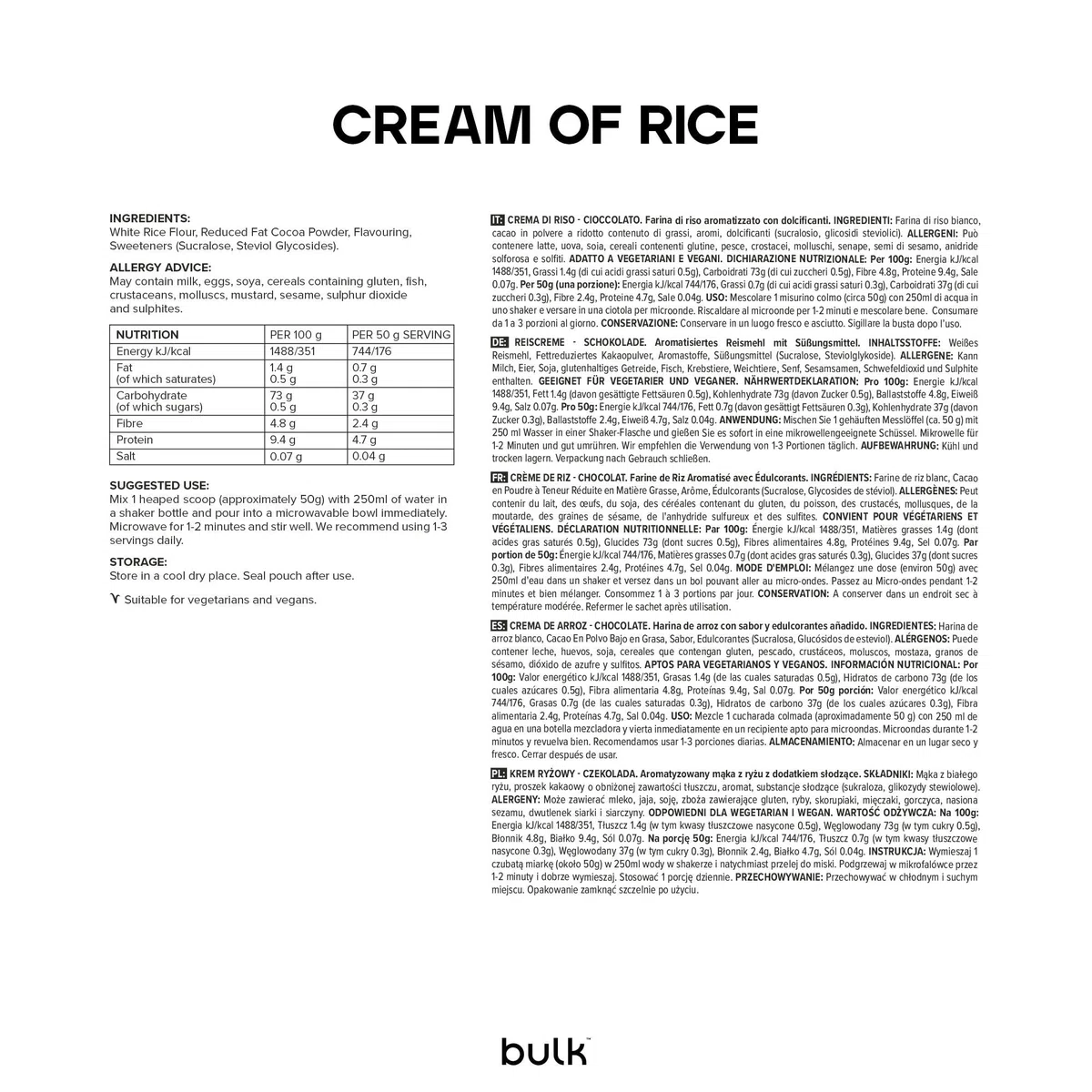 Bulk Cream of Rice, Gluten Free Carbohydrate, Chocolate, 2.5 kg