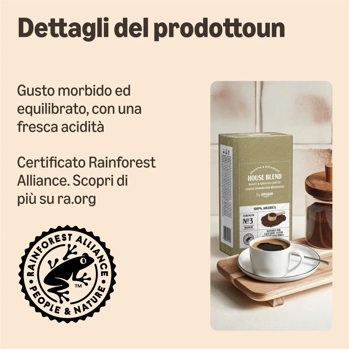 by Amazon Caffè Classico 100% Arabica Macinato e Tostato, Tostatura Media, 500g (1 Confezione da 500g) - Certificato Rainforest Alliance