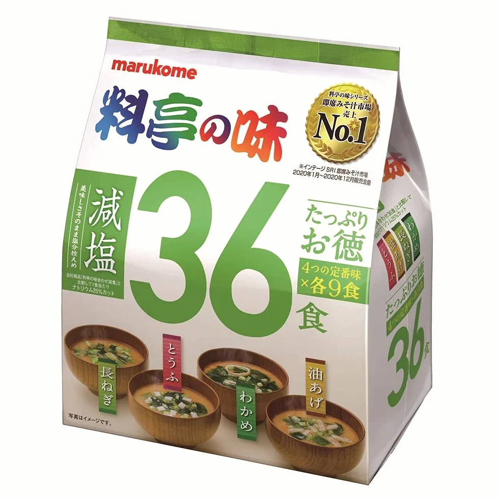 Marukome Zuppa Miso Ryotei no Aji 4 Sapori, Ridotto in Sale, Confezione da 36 Zuppe Miso Istantanee Giapponesi (Alghe Wakame, Cipolle Verdi, Tofu, Aburaage)