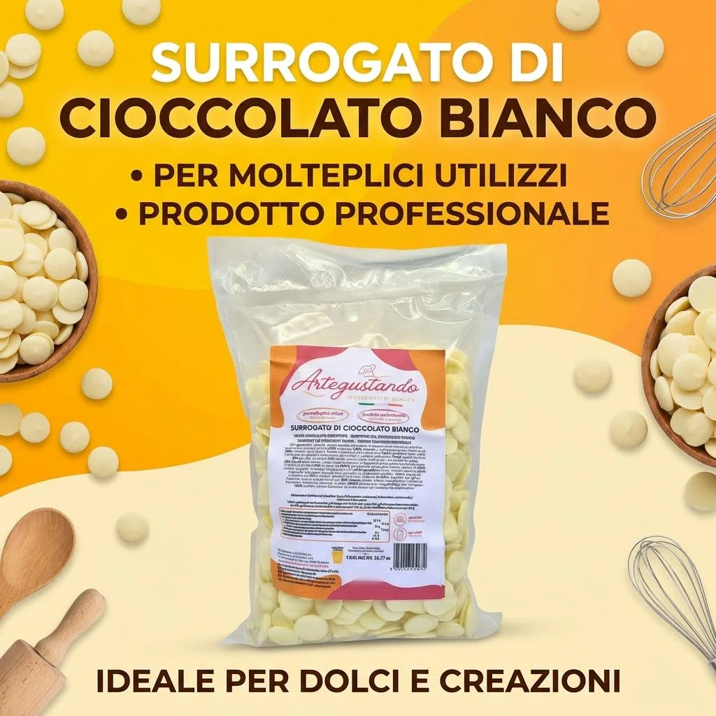 Artegustando Surrogato di Cioccolato Bianco a dischi 1 kg Professionale Alta Qualità Italiana – Senza Glutine Con Latte e Siero di Latte – Per Pasticceria e Dolci