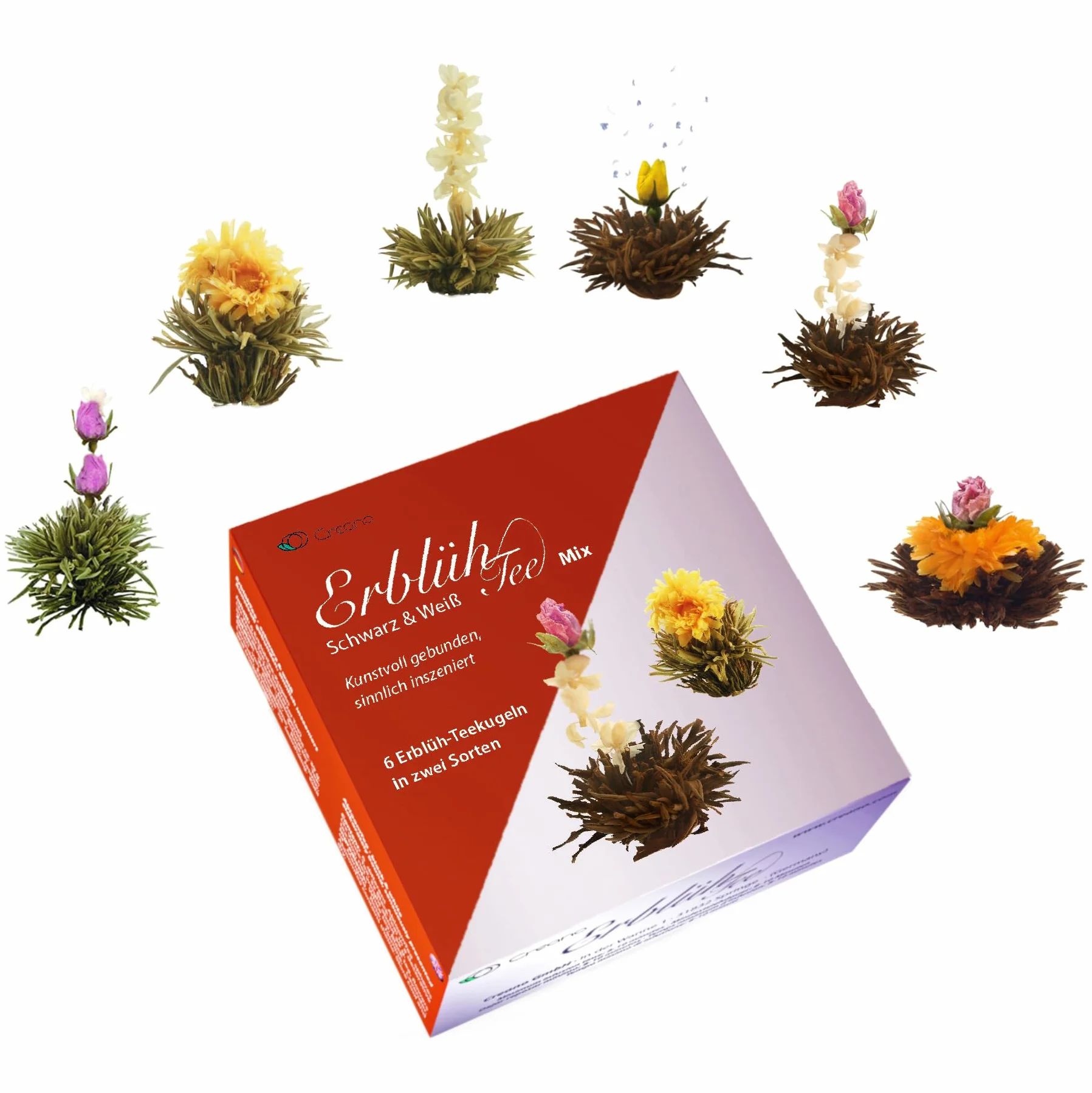 Creano – Mix di fiori di tè – Set Regalo Té Fiorito con bricco di vetro 500ml - Variazioni di 3x Tè bianco e 3x Tè nero (6 tipi diversi)