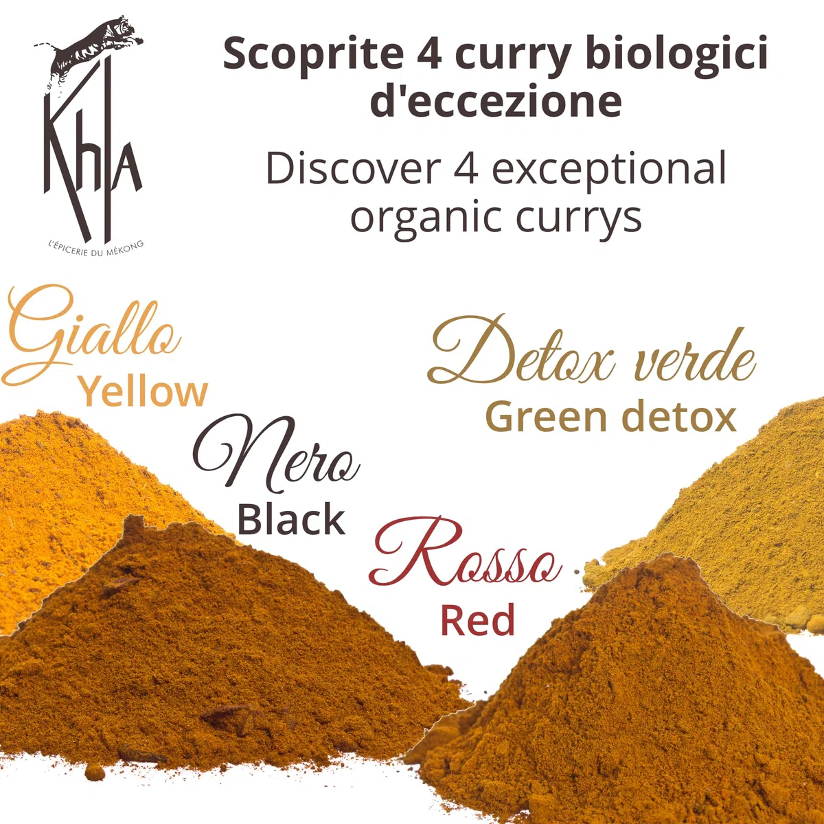 Khla - Confezione di 4 Curry Biologici - Curry Giallo, Curry Nero, Curry Rosso & Curry Detox Verde - Polvere 4x 100 g - Miscele Esclusive - Set Regalo Spezie Natale Compleanno - Origine Cambogia