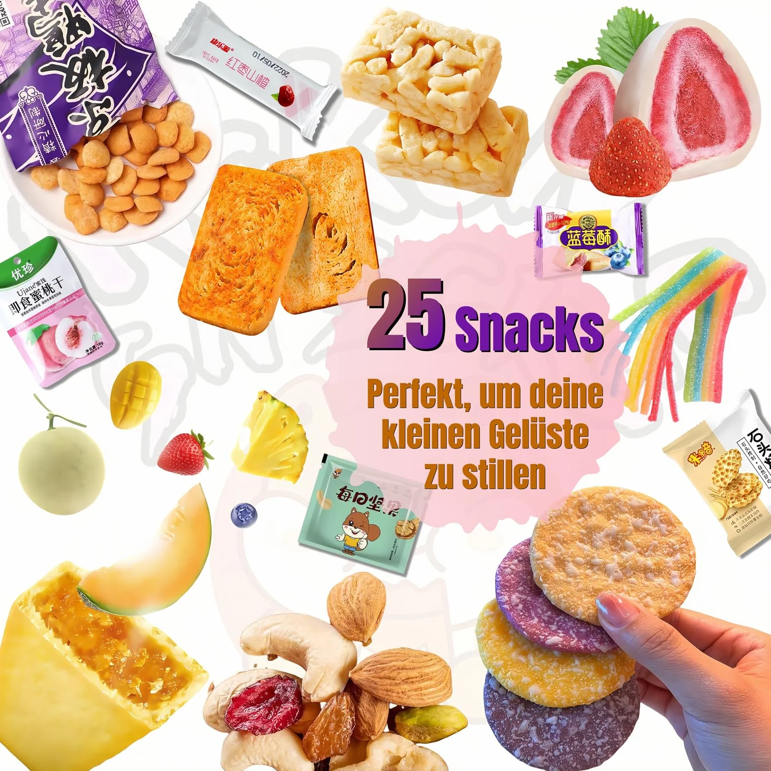 Snack Cinesi Mix con 25 Tipi - Scatola Regalo XXL: Biscotti, Cioccolato, Caramelle, Frutta Candita -Dolci e deliziose prelibatezze dalla Cina-Per bambini, adulti - compleanno, Festa Del Papà