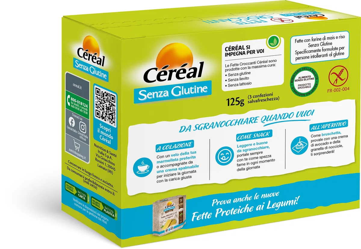 Céréal Fette Croccanti, Fette con Farina di Mais, Farina di Riso, Senza Glutine, Senza Lattosio, 125 gr, Formato 12 Confezioni