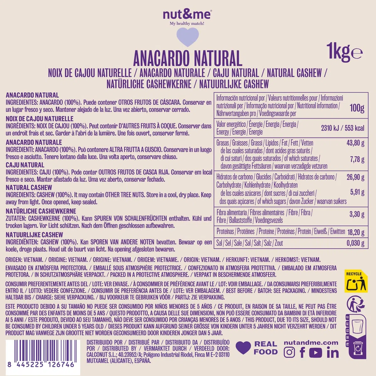 Anacardi naturali 1 kg nut&me | Keto | Non salati e naturali | Anacardi crudi | Anacardi al naturale | vegetariano | Senza lattosio | Senza glutine | Vegano | Fonte di proteine | Fonte di fibre |