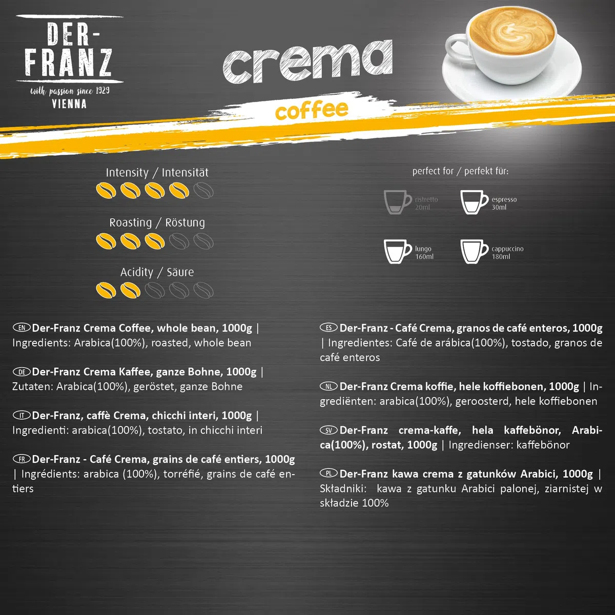 Der-Franz Crema caffè, chicchi interi, 1000 g