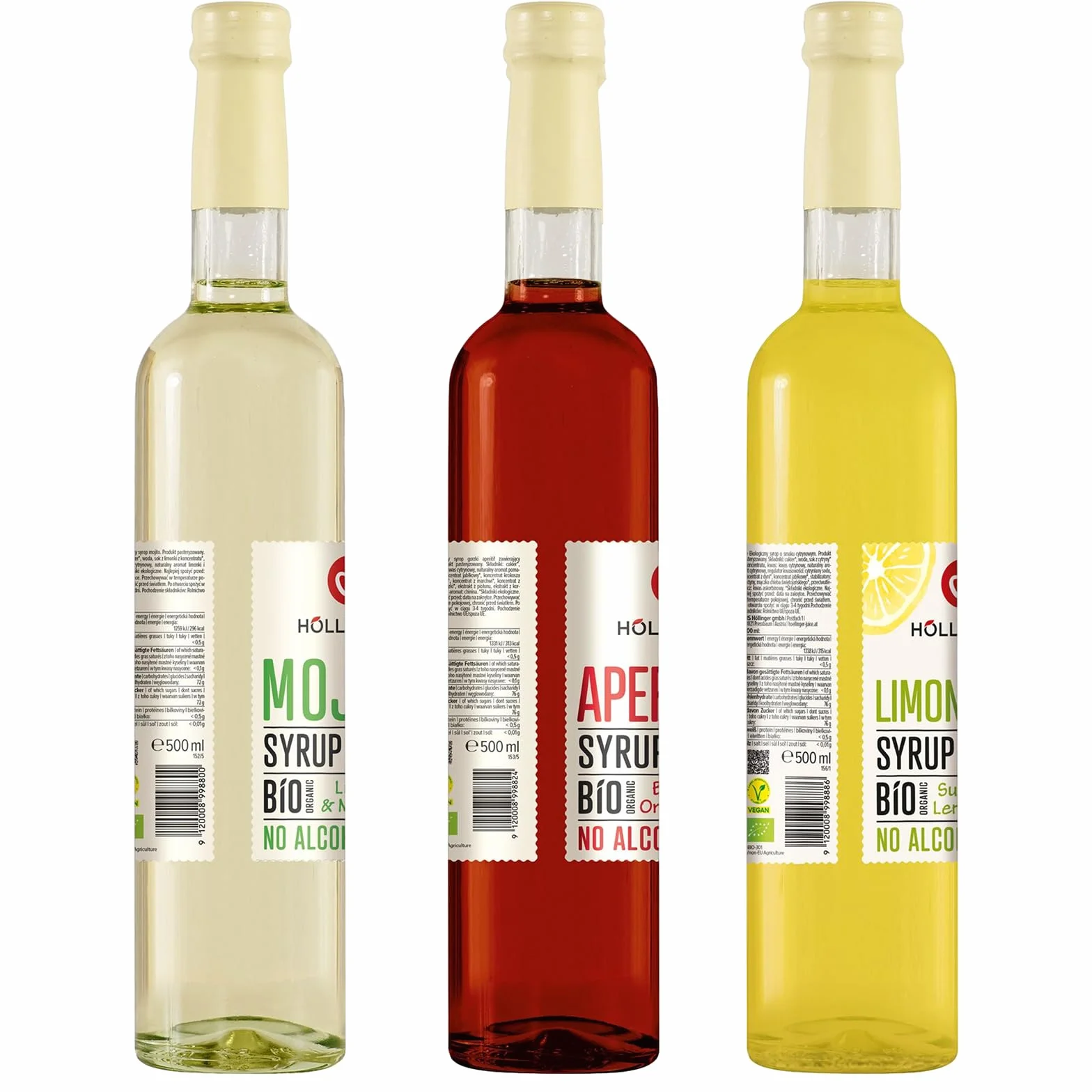 HÖLLINGER Set Sciroppi Biologici, 3 Bottiglie da 500ml, Mojito Lime & Menta, Aperitivo Bitter Orange, Limoncello Sunny Lemon, Senza Alcool, Rapporto 1:9