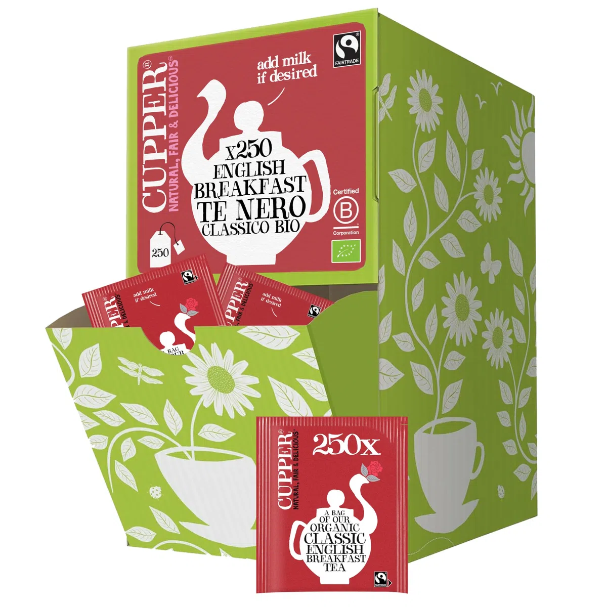 CUPPER Tè Classico English Breakfast Bio, Biologico e Fairtrade, Formato Convenienza per Casa, Ufficio e Catering, con Filtri 100% Biodegradabili e Non Sbiancati, Confezione Maxi da 250 Bustine | Tè nero potente, privo di plastica e non sbiancato, perfett