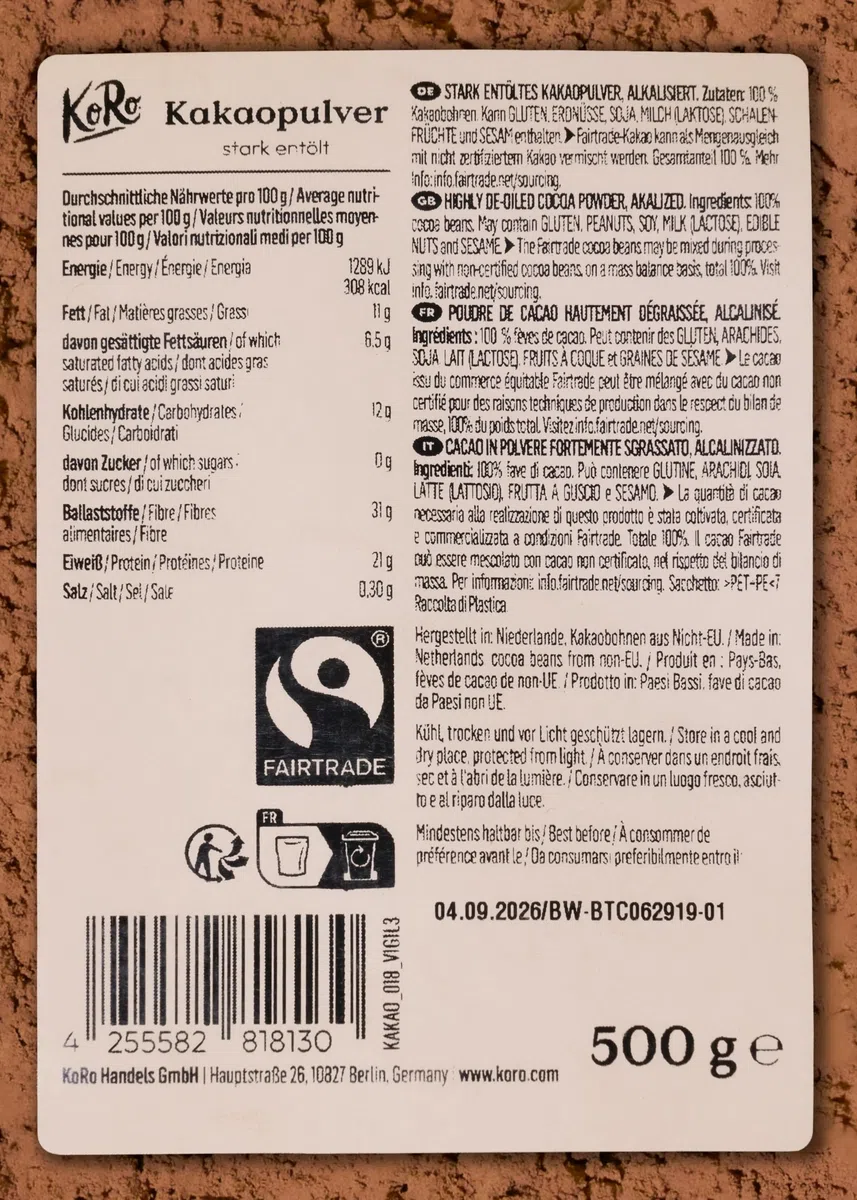 KoRo - Cacao in polvere fortemente sgrassato Fairtrade 500 g - 100% fave di cacao - Senza zuccheri aggiunti* - Ideale per la pasticceria e per la cioccolata calda