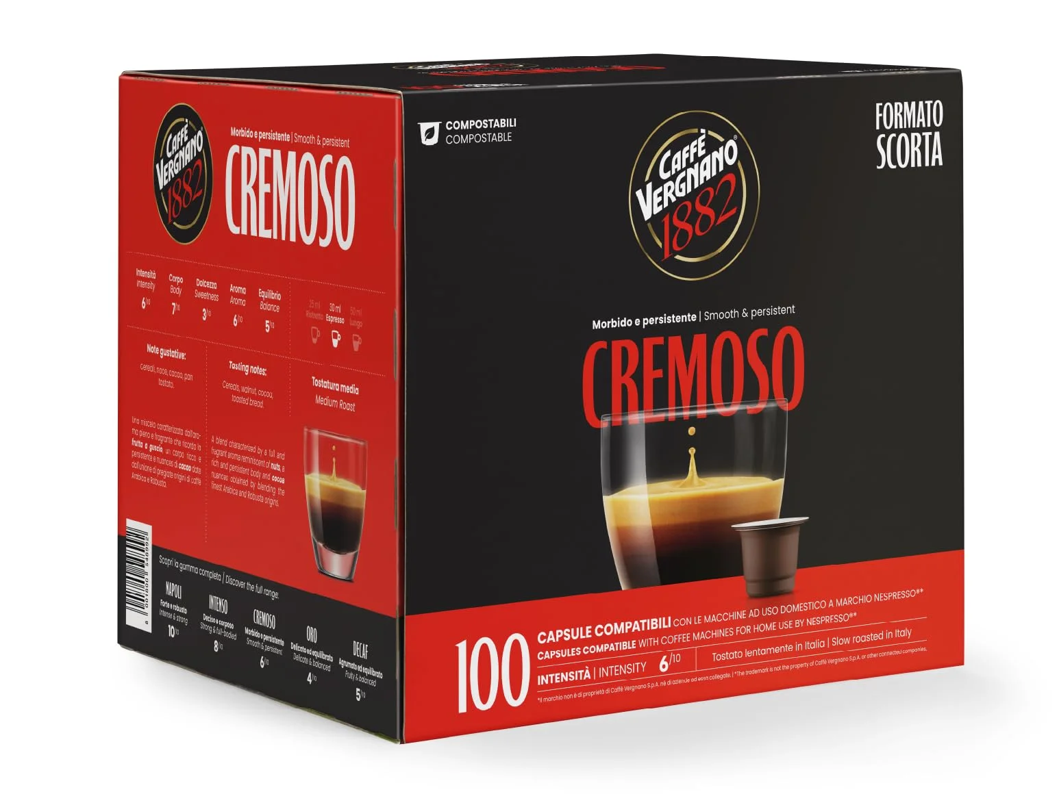 Caffè Vergnano 1882 - 100 Capsule - Caffè Compostabili e Compatibili con Nespresso, Cremoso - Pack da 100 capsule