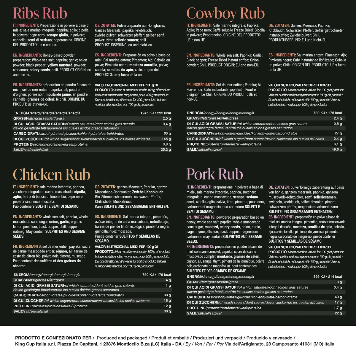 BBQ KING - Multi Pack Pitmaster Rub per Barbecue, 4 Confezioni da 70 Gr di Dry Rub Bbq, Miscela di Spezie 100% Made in Italy, 1 x Chicken Rub, 1 x Pork Rub, 1 x Ribs Rub e 1 x Cowboy Rub