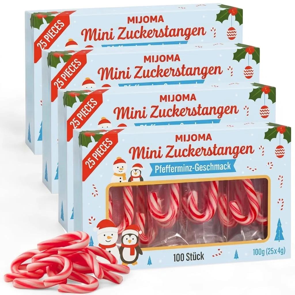 MIJOMA Mini bastoncini di zucchero 100 pezzi – sapore di menta piperita – caramelle di Natale – 4 confezioni da 25 pezzi – vegan halal senza glutine – rosso bianco – classico Candy Canes