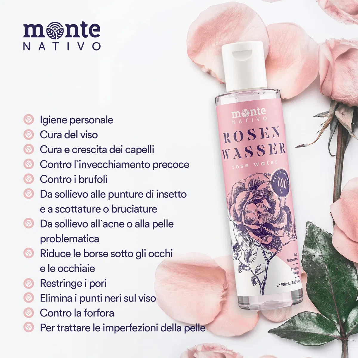 Acqua di Rosе Purа MonteNativo 2x500ml(1000ml)-100% Naturale, Vera Acqua di Rose, Puro e Naturale, Idrolato di Rose Naturali, Doppia Distillazione di Vapore Acqueo, Cosmetici Naturali, Rosa Naturale