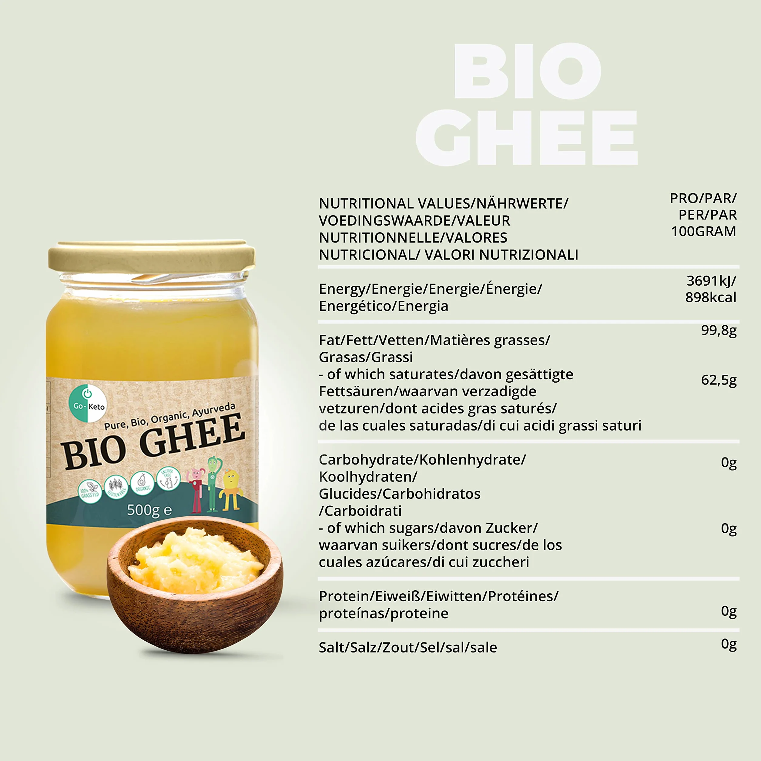 Go-Keto BIO Ghee, 1250g | Burro 100% chiarificato, certificato BIO, Ayurveda | perfetto per la dieta cheto | ideale per cuocere e arrostire | Senza lattosio, senza glutine, low carb