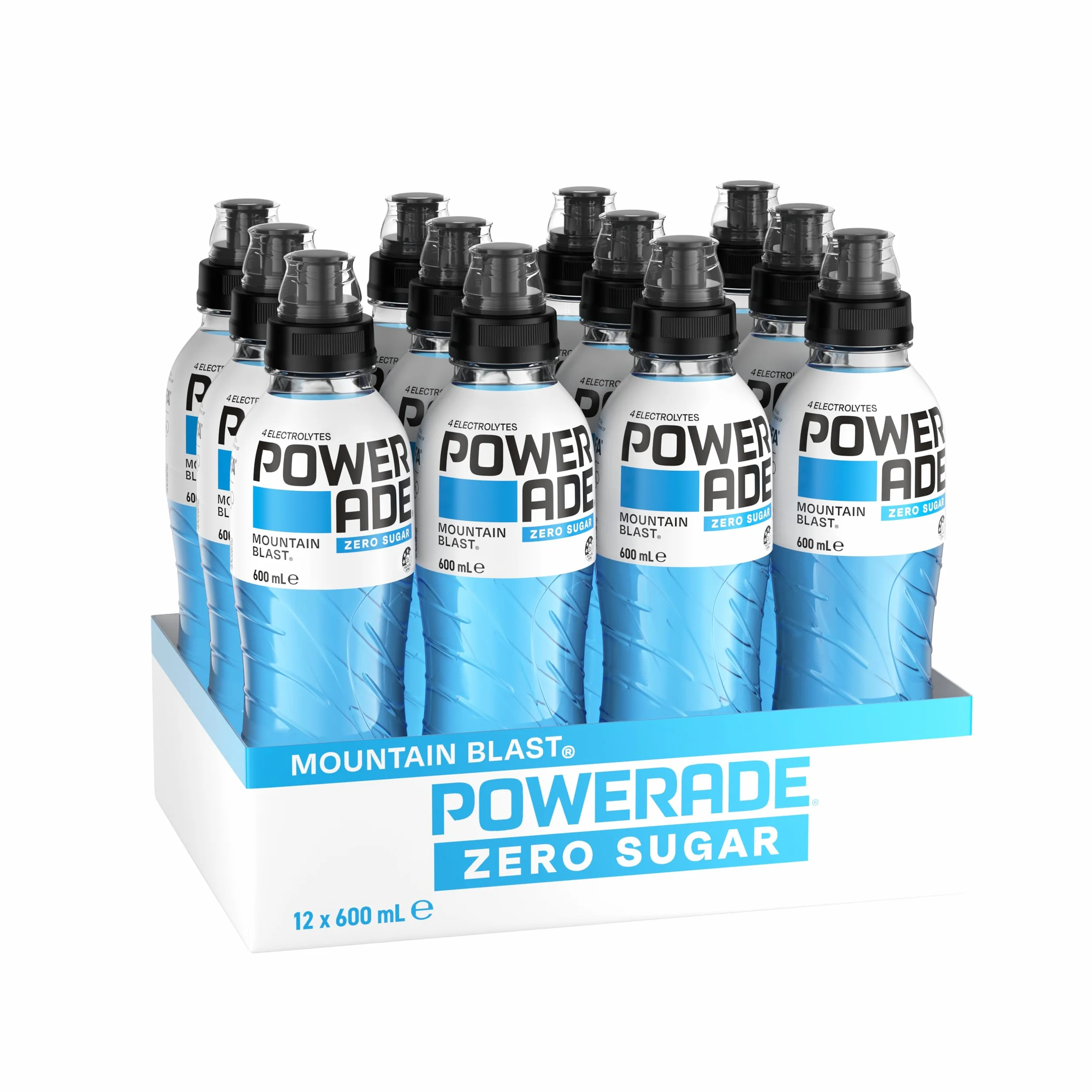 Powerade ION4 Mountain Blast Zero Sugar Sport Drink Multipck Bottiglie con tappo Sipper 12 x 600 ml