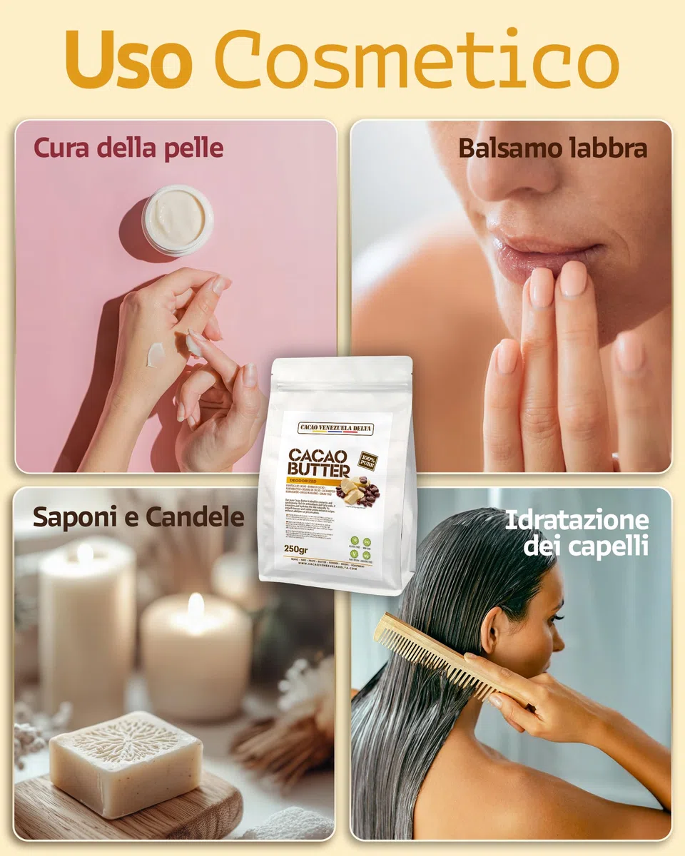 Cacao V Delta Burro Di Cacao Deodorato Alimentare e per Cosmesi 250g - Puro, Non Raffinato - Cheto, Paleo, Vegano, Senza Glutine - Per Dolci e Cioccolato - Antiossidanti, Acidi Essenziali