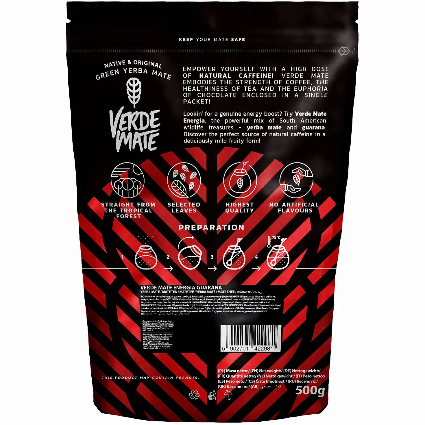 Verde Mate Green Energia Guarana 500 g, Tè Yerba Mate dal Brasile, Yerba Mate alla Frutta, Vegano, Senza Glutine