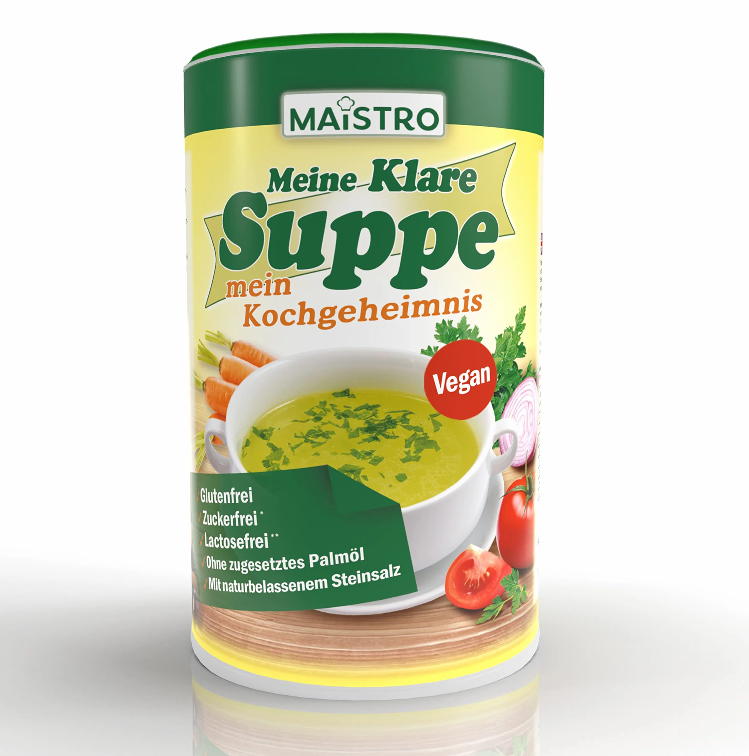Brodo vegetale vegano e condimento, senza grilletto allergenico, senza grasso di palma, semplice, veloce e preparato deliziosamente. Zuppa di verdure 900 g / 45 litri con salgemma naturale