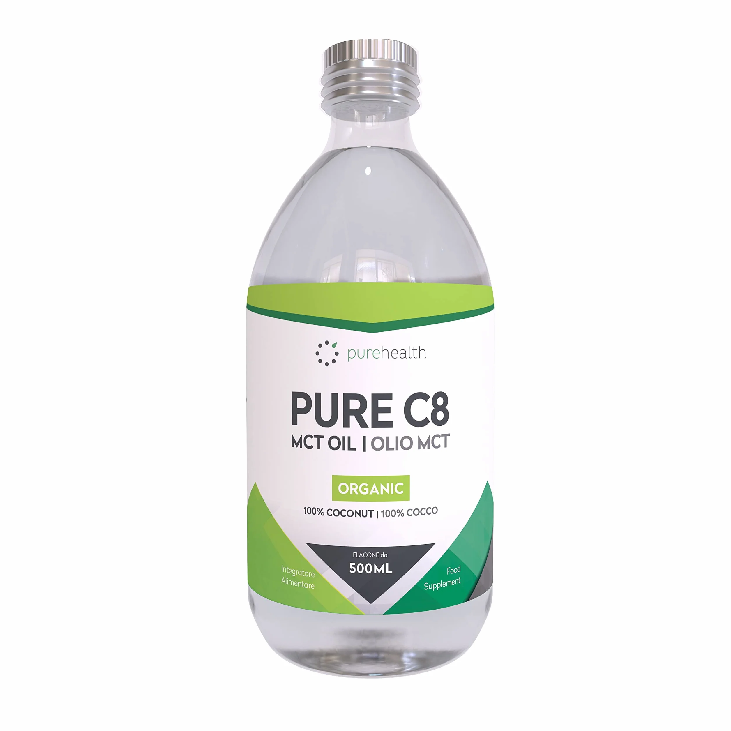 Premium Organic 100% Cocco Olio MCT | Acido Caprilico C8 | Non-GMO | Paleo | Paleo | Dieta Keto | Vegan | Senza glutine | Bottiglia di vetro | Aggiungi a "Caffè antiproiettile". (500ml Biológico C8)