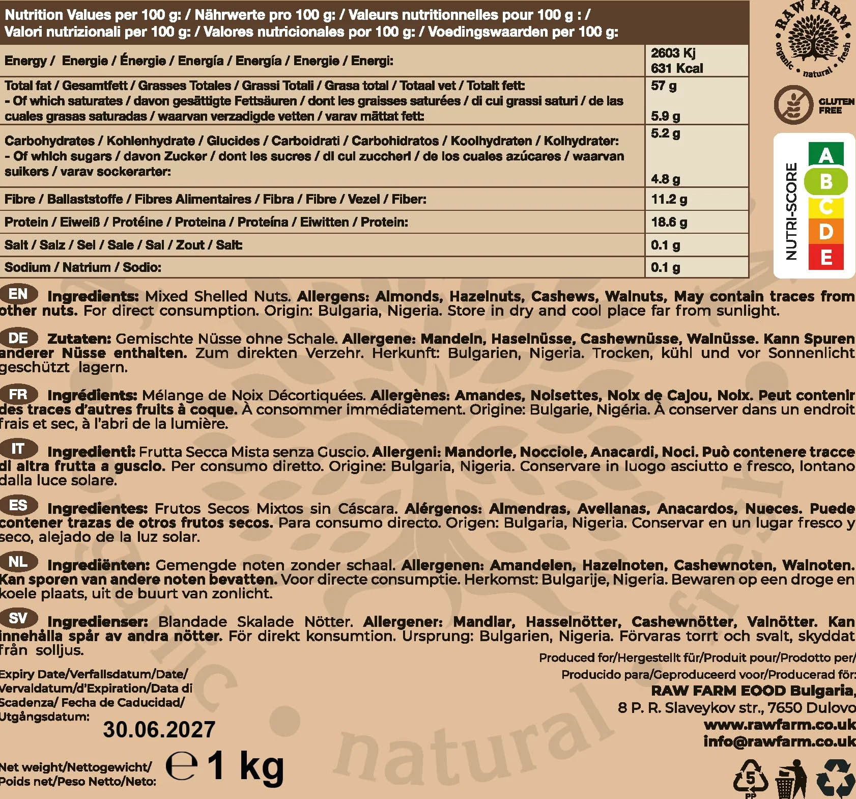 Raw Farm Noci miste crude - Nocciola, Mandorla, Anacardi, Noci 1 kg