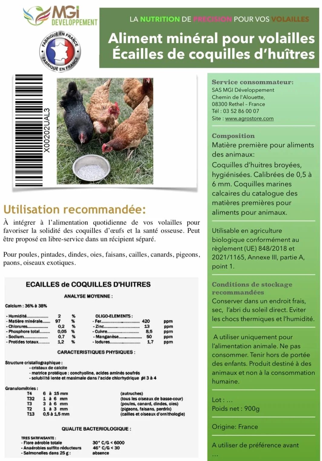 900 g di gusci di ostriche francesi naturali, igienizzate, calibrate e macinate per pollame - Alto contenuto di calcio: da 36 a 38% e oligoelementi (900 g)