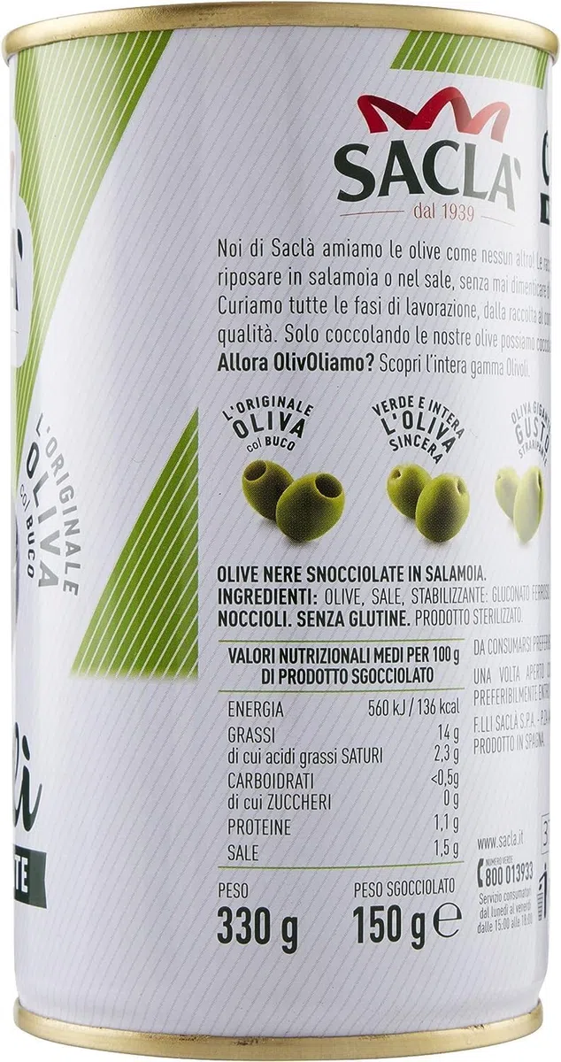 Saclà, OlivOlì, Olive Nere Denocciolate, Ideali per Insalate e per Arricchire i Tuoi Piatti, Lattina, 330g (150g sgocciolato), Confezione da 12 pezzi