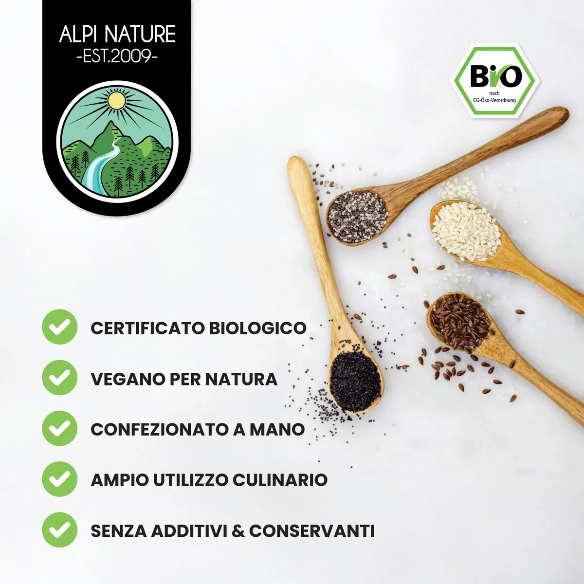 Alpi Nature Semi di Chia BIO 1kg, Semi di Chia Neri Interi e Crudi per Frullati, Yogurt e Muesli