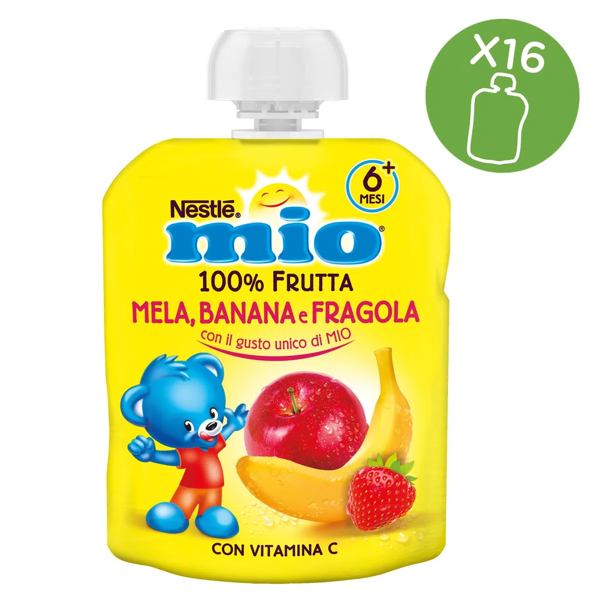 NESTLÉ MIO Merenda 100% Frutta Fragola Banana e Mela da spremere, 16 Pouch da 90ml (1,44L)