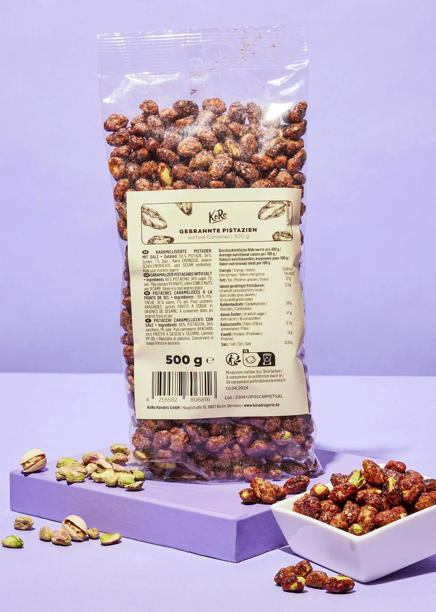 KoRo - Pistacchi tostati al caramello salato 500 g - Pistacchi interi caramellati e tostati con un pizzico di sale - combinazione di dolce e salato - confezione XXL da 500 g
