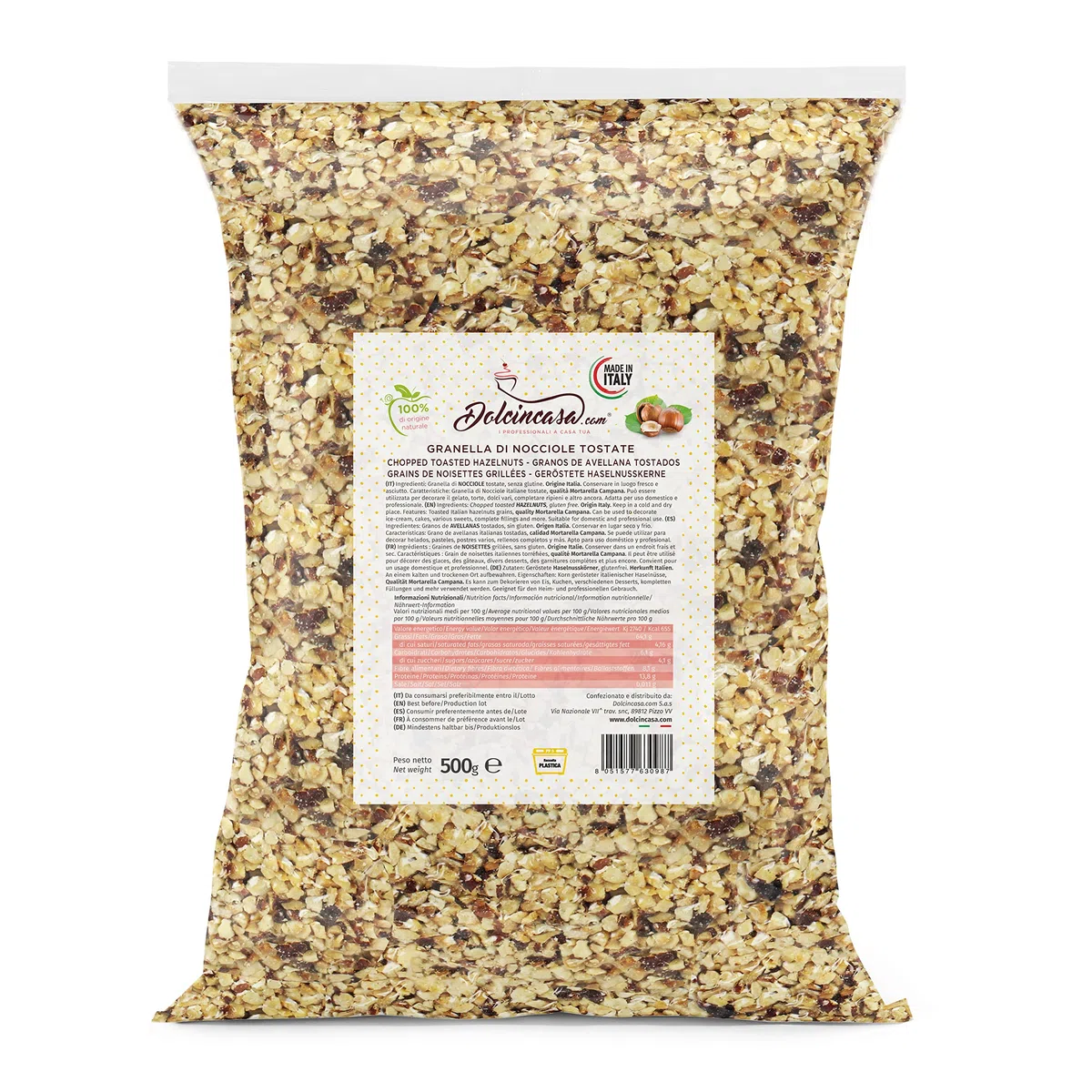 Dolcincasa-Granella di Nocciole Tostate Qualità Mortarella Campana Italiana 500g per Dolce e Salato
