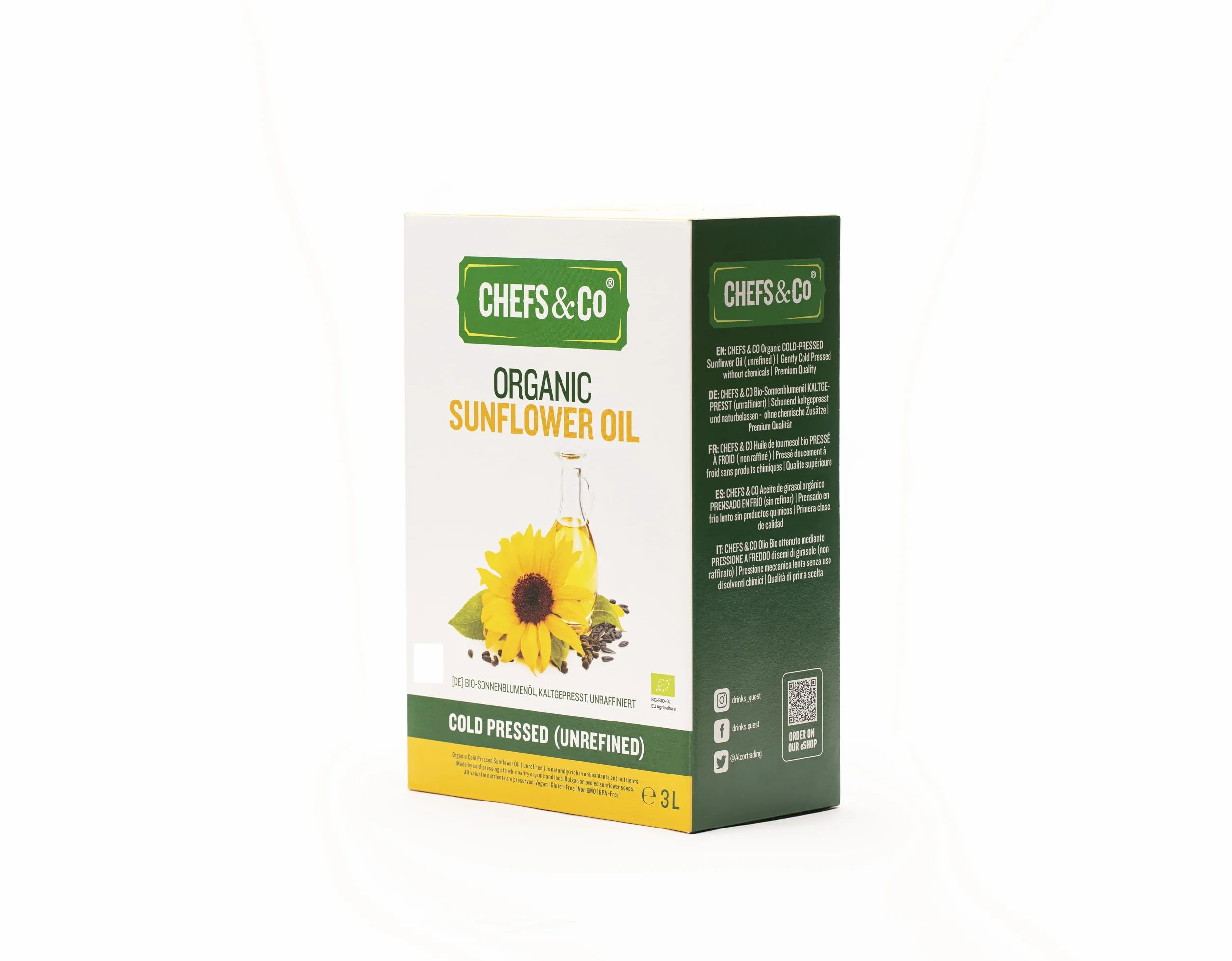 CHEFS & CO Olio di Girasole Biologico SPREMUTO A FREDDO | Non Raffinato | Qualità Premium | Olio Vegetale (3L (Confezione da 1))