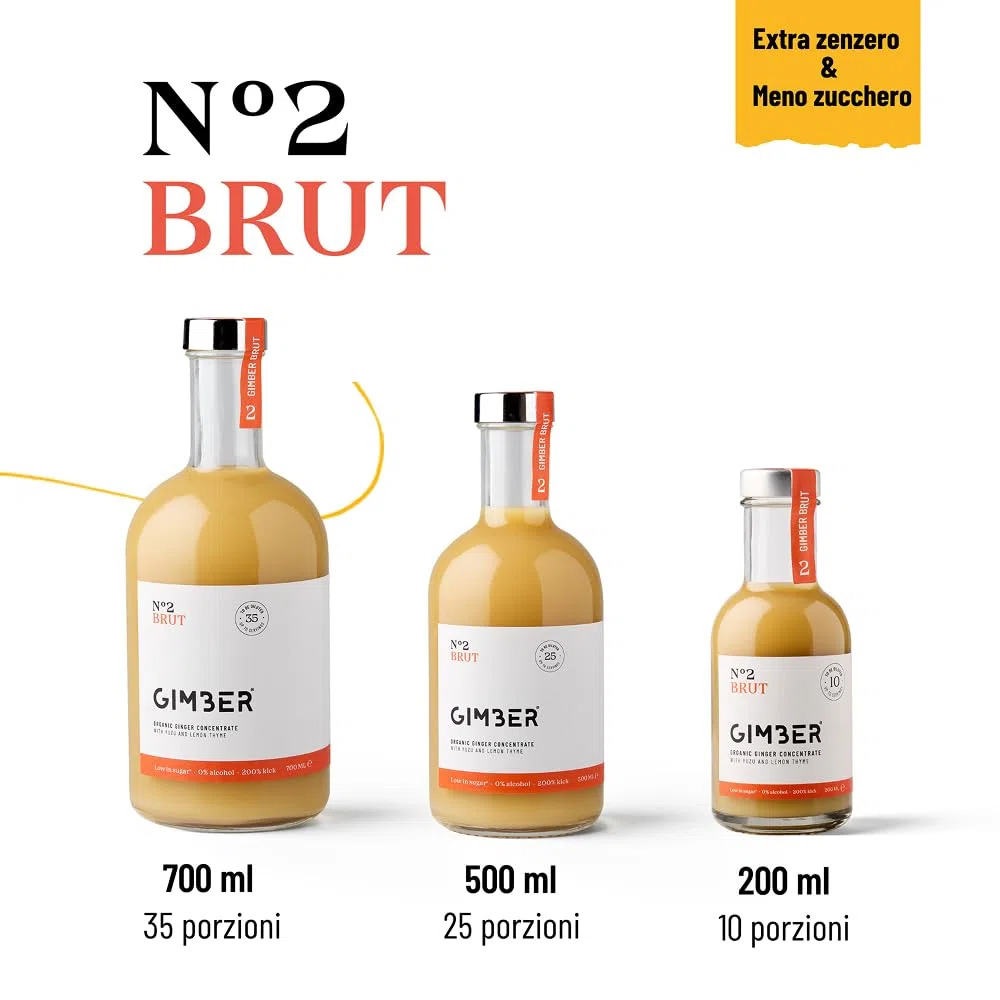 GIMBER Brut N°2 concentrato di zenzero biologico 700 ml | Bevanda analcolica biologica a base di zenzero, limone ed erbe | Estratto di zenzero premium | meno zucchero