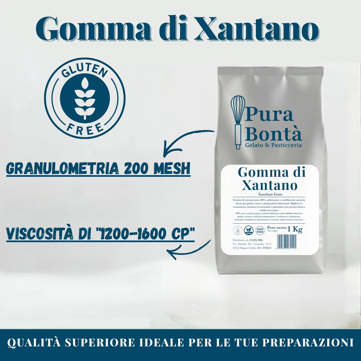 PURA BONTÀ Gomma di Xantano in Polvere Senza Glutine 1 Kg | Addensante e Stabilizzante Alimentare 100% Naturale | Pane e Pizza 100% Senza Glutine | Alta Viscosità, Zero Grumi | Confezionato in Italia