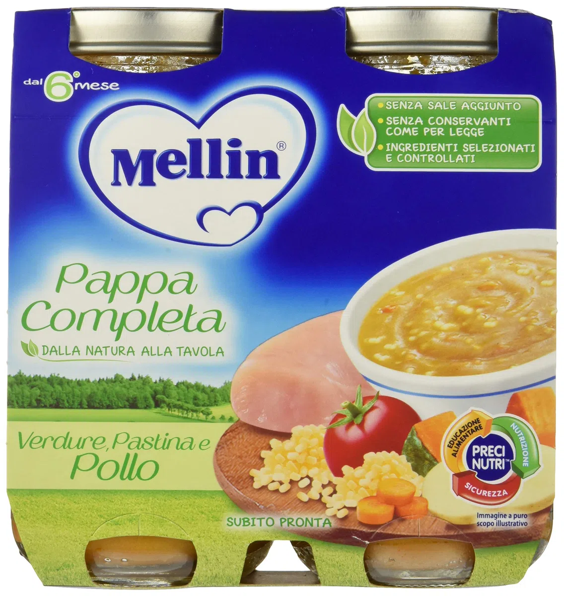 Mellin Baby Cena, Pappa Completa con Verdure, Semolino e Pollo, Alimento per l’Infanzia, Pronta all’Uso, Nutriente e Bilanciata, Ideale per Svezzamento - Confezione da 12x250 gr