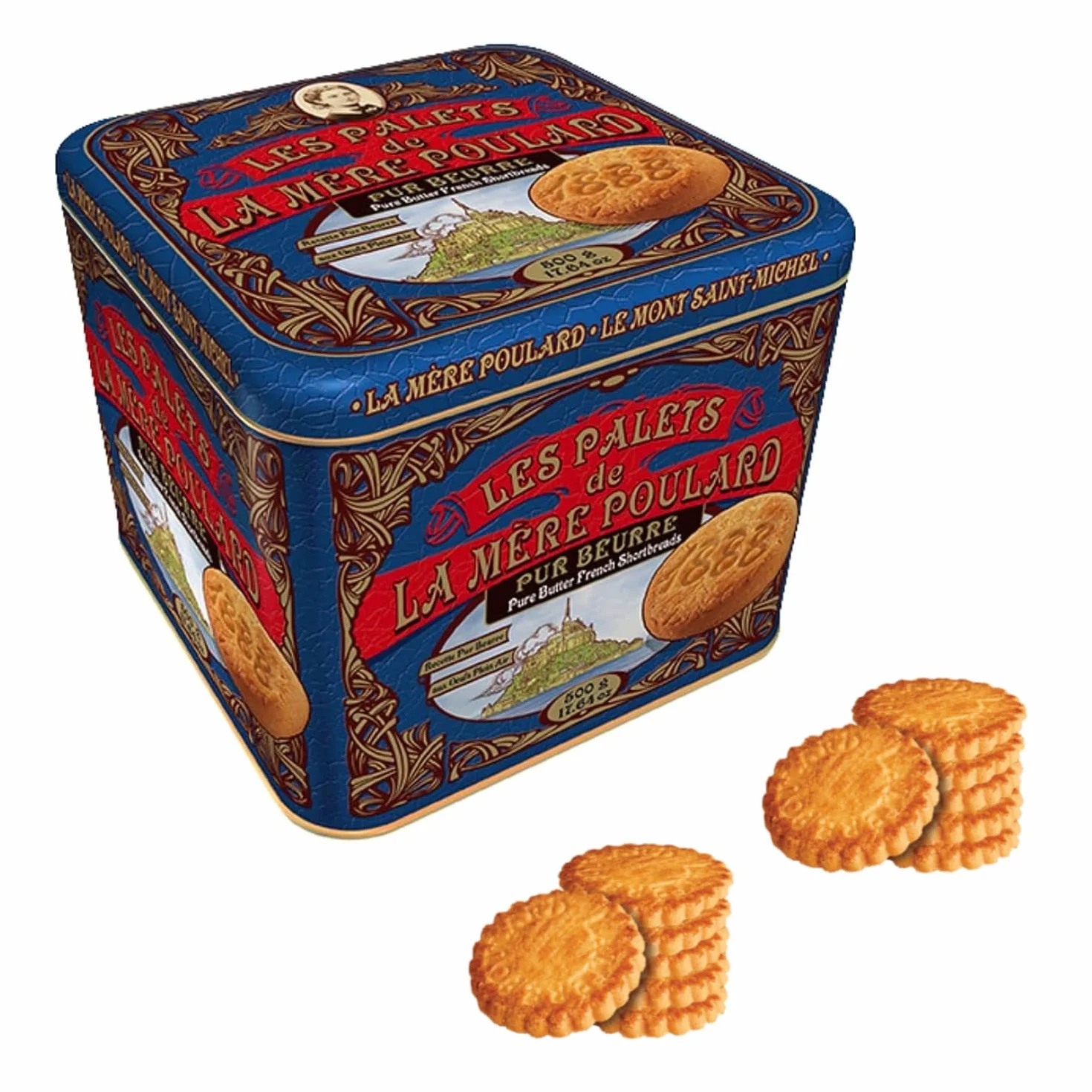 La Mère Poulard® | Biscotti Puro Burro Salato | Lattina Biscotti Francesi al Burro | Frollini al Burro - 500 Gr | Lattina Regalo Decori Blù con Biscotti