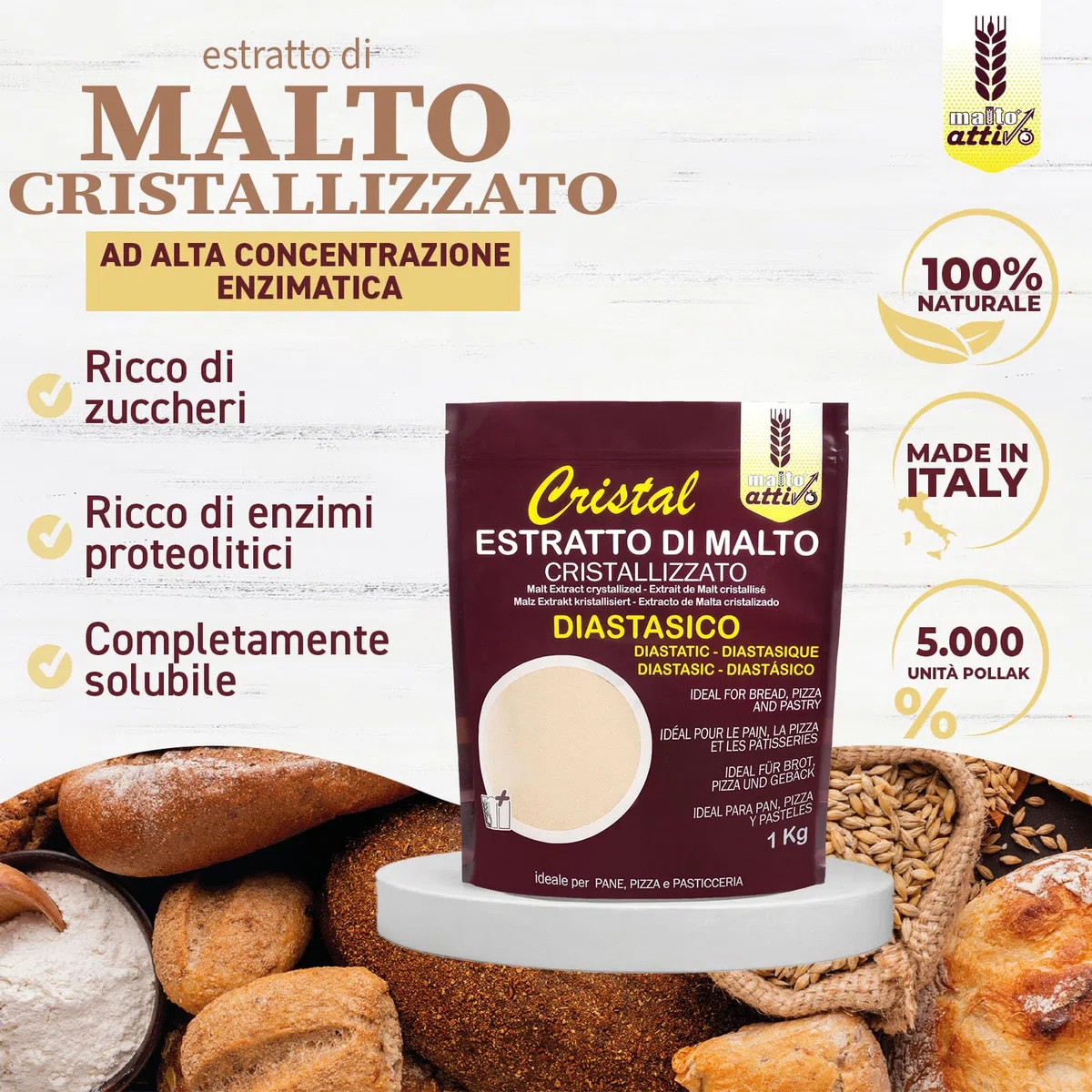 Malto Attivo, Cristal Diastasico 1000g, Estratto di Malto Cristallizzato ad Elevato Potere Diastasico, Malto d’Orzo e Mais Ideale per Panificazione, 5.000 Unità Pollak, Made in Italy.