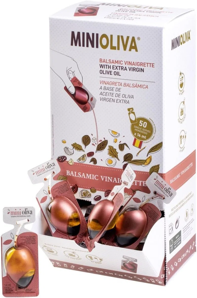 MINIOLIVA Dispenser per Vinaigrette Balsamica con Olio Extra Vergine di Oliva – 50 Capsule da 14 ml, Ideale per Casa, Ufficio e Uso Quotidiano in diverse occasioni